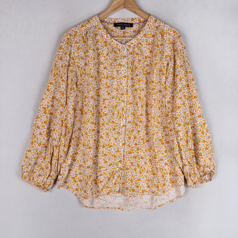 Tommy Hilfiger Top Blouse XL Orange Floral Balloon Sleeve Boho Button Up Cottage